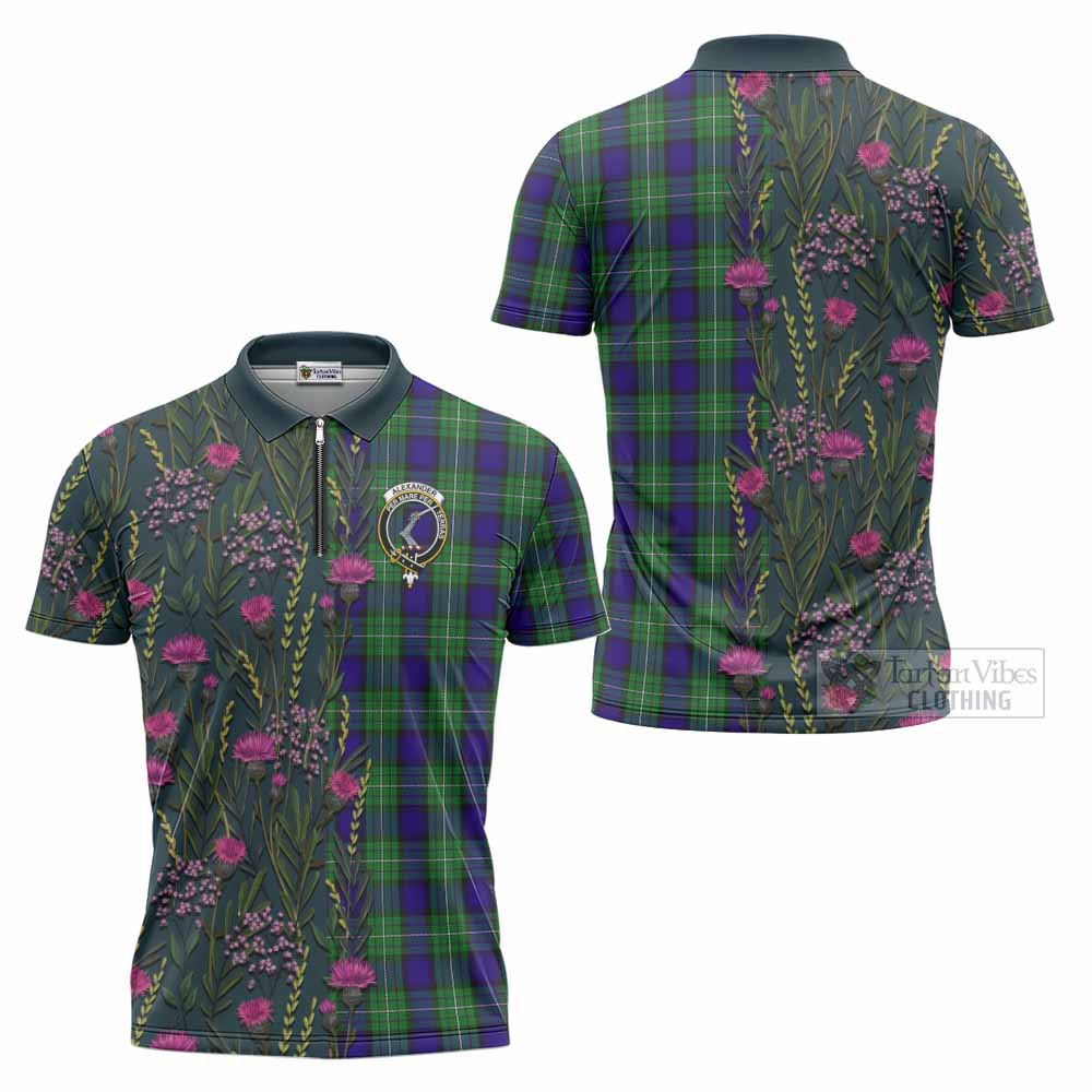 Alexander Family Crest Tartan Zipper Polo Shirt Scottish Thistle Flower Pattern Half Style - Tartan Vibes Clothing