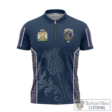 Alexander of Menstry Tartan Zipper Polo Shirt with Family Crest and Scottish Thistle Vibes Sport Style