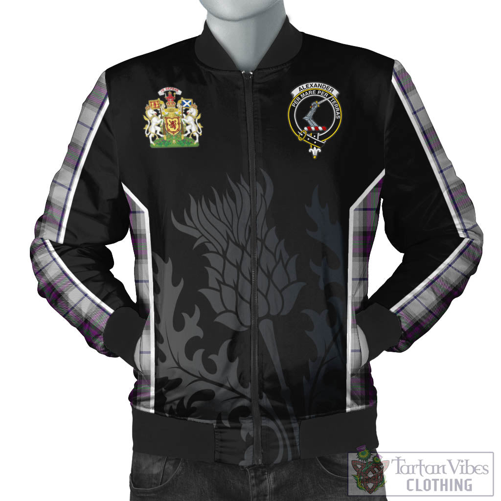 Tartan Vibes Clothing Alexander of Menstry Dress Tartan Bomber Jacket with Family Crest and Scottish Thistle Vibes Sport Style
