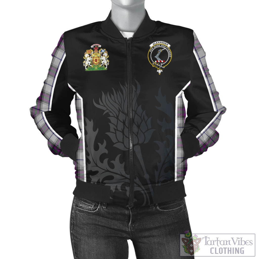 Tartan Vibes Clothing Alexander of Menstry Dress Tartan Bomber Jacket with Family Crest and Scottish Thistle Vibes Sport Style