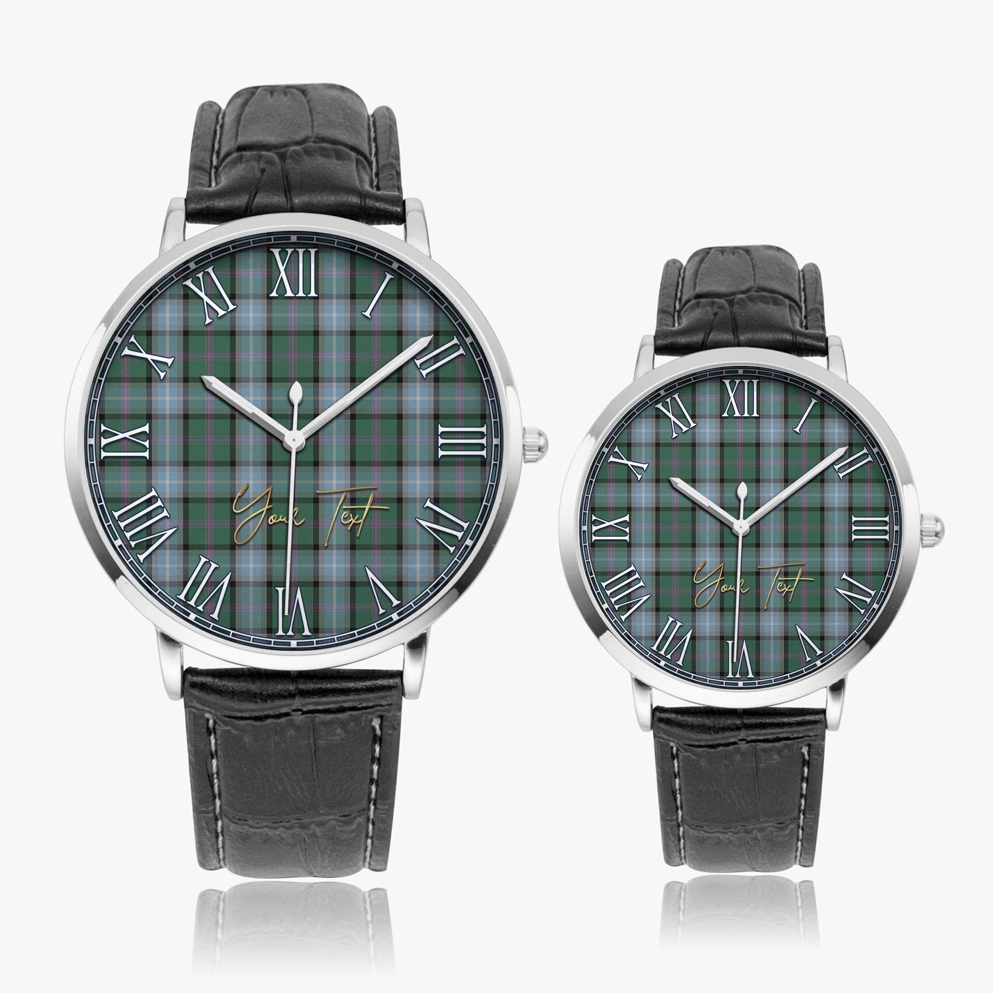 Alexander of Menstry Hunting Tartan Personalized Your Text Leather Trap Quartz Watch Ultra Thin Silver Case With Black Leather Strap - Tartanvibesclothing