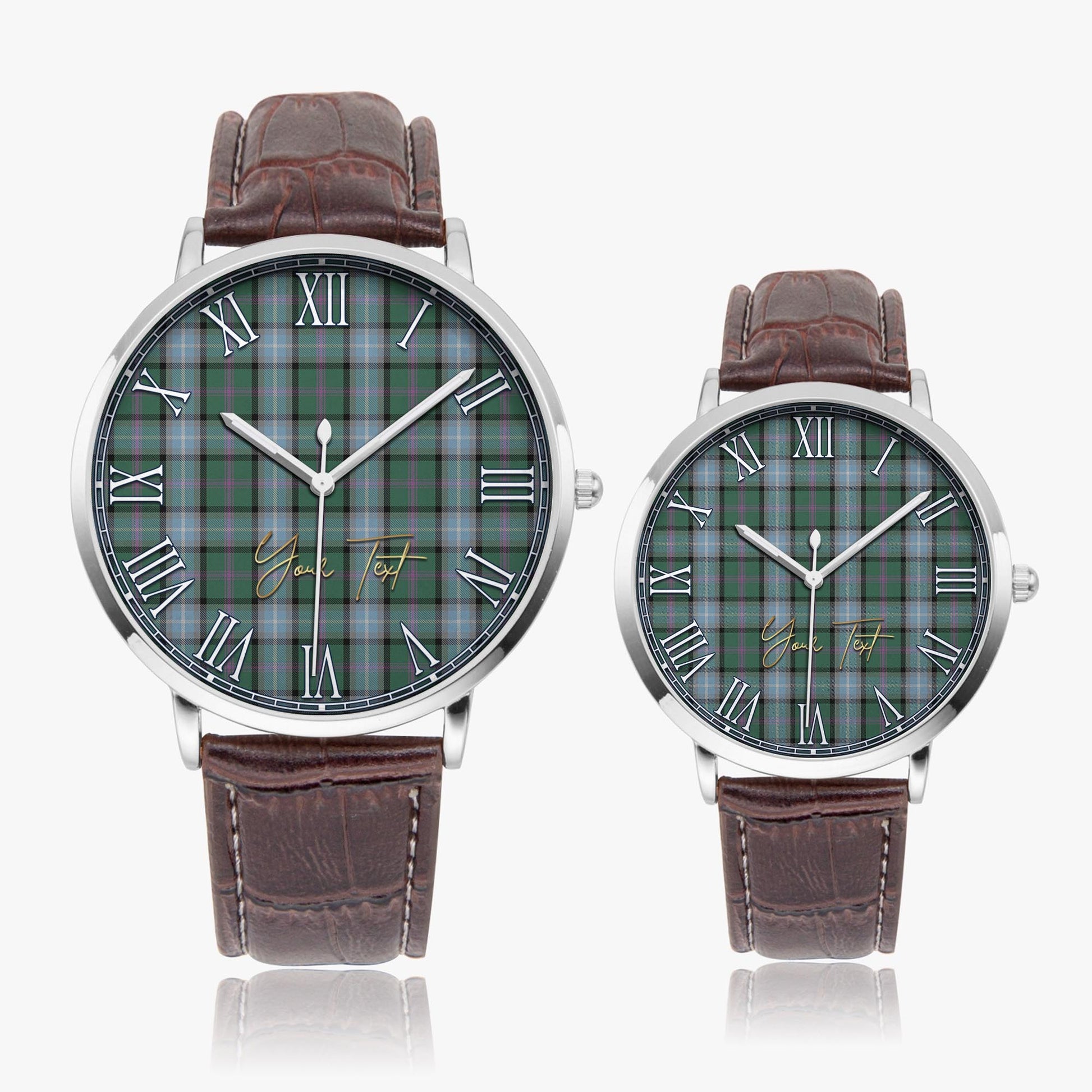 Alexander of Menstry Hunting Tartan Personalized Your Text Leather Trap Quartz Watch Ultra Thin Silver Case With Brown Leather Strap - Tartanvibesclothing