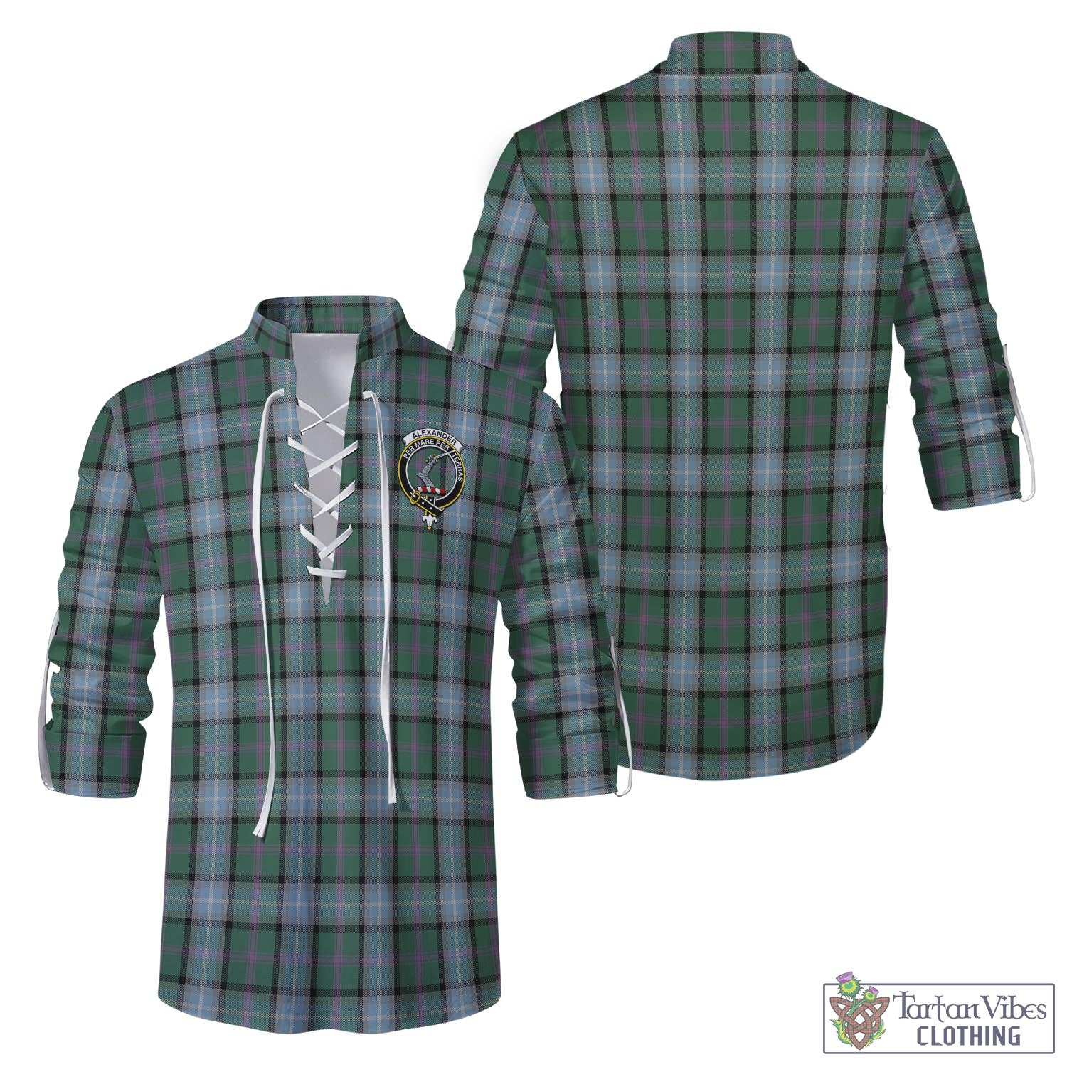 Tartan Vibes Clothing Alexander of Menstry Hunting Tartan Men's Scottish Traditional Jacobite Ghillie Kilt Shirt with Family Crest
