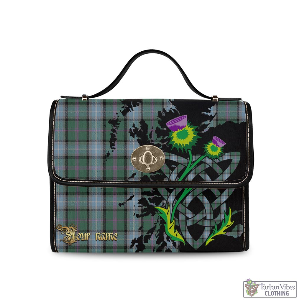 Tartan Vibes Clothing Alexander of Menstry Hunting Tartan Waterproof Canvas Bag with Scotland Map and Thistle Celtic Accents
