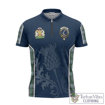 Alexander of Menstry Hunting Tartan Zipper Polo Shirt with Family Crest and Scottish Thistle Vibes Sport Style
