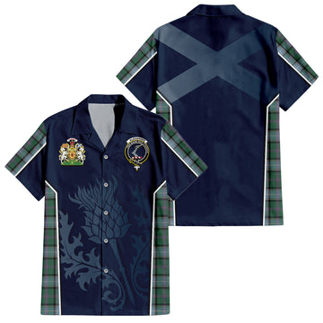 Alexander of Menstry Hunting Tartan Short Sleeve Button Up Shirt with Family Crest and Scottish Thistle Vibes Sport Style