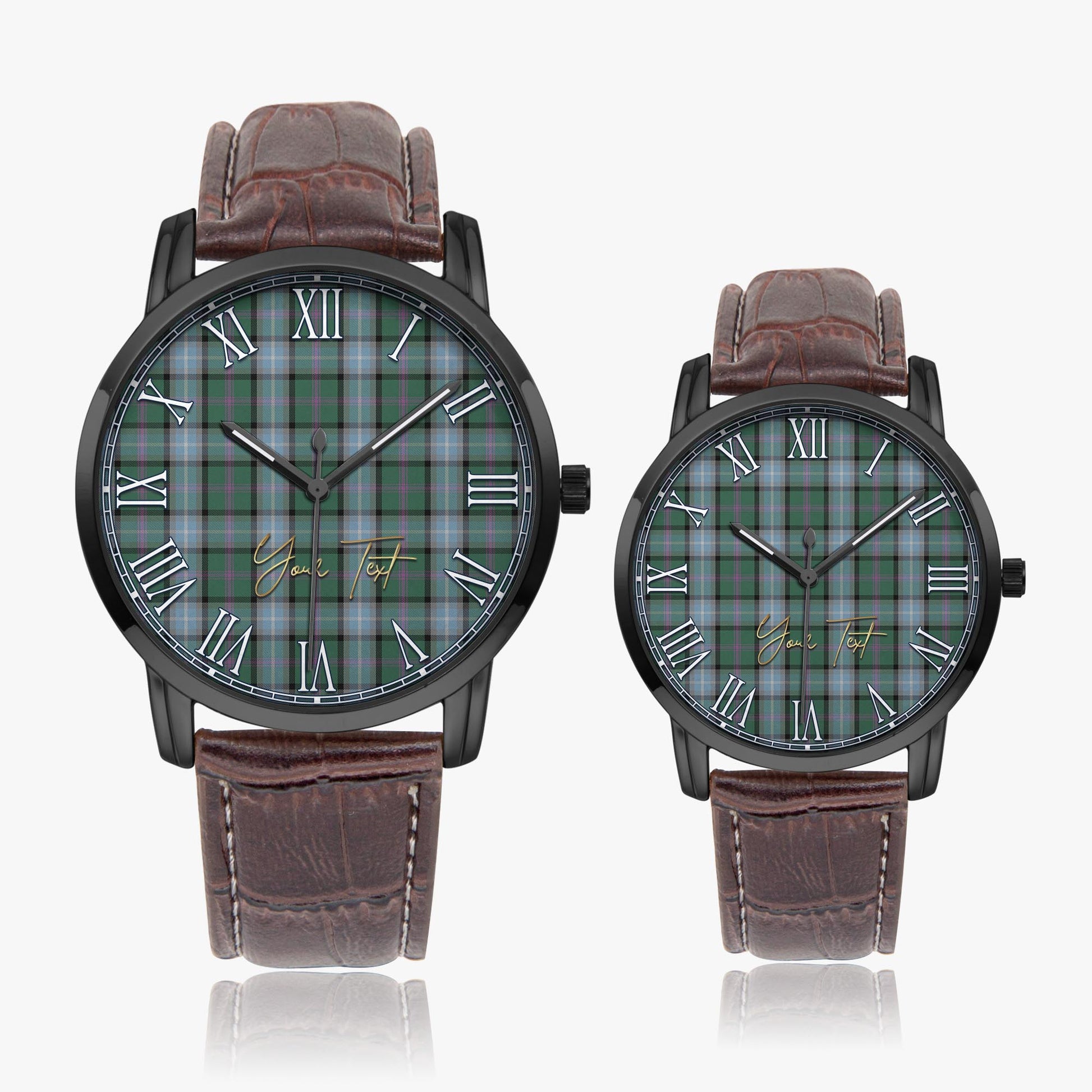 Alexander of Menstry Hunting Tartan Personalized Your Text Leather Trap Quartz Watch Wide Type Black Case With Brown Leather Strap - Tartanvibesclothing