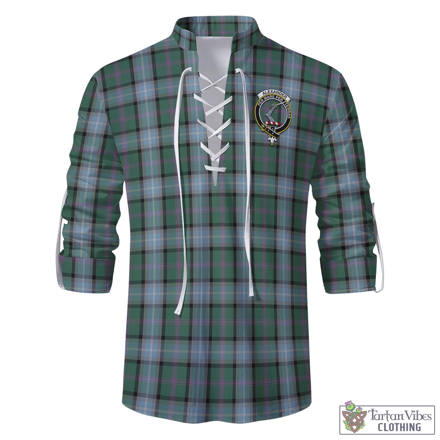 Tartan Vibes Clothing Alexander of Menstry Hunting Tartan Men's Scottish Traditional Jacobite Ghillie Kilt Shirt with Family Crest