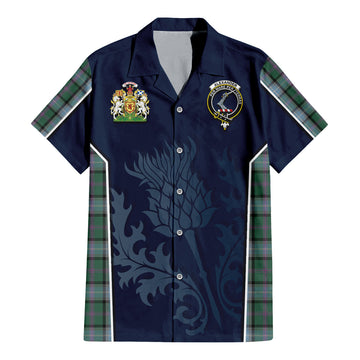 Alexander of Menstry Hunting Tartan Short Sleeve Button Up Shirt with Family Crest and Scottish Thistle Vibes Sport Style