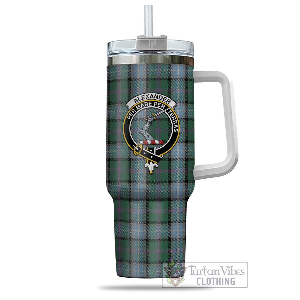 Tartan Vibes Clothing Alexander of Menstry Hunting Tartan and Family Crest Tumbler with Handle