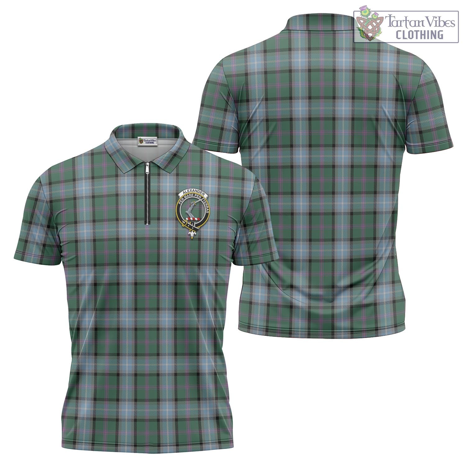 Tartan Vibes Clothing Alexander of Menstry Hunting Tartan Zipper Polo Shirt with Family Crest