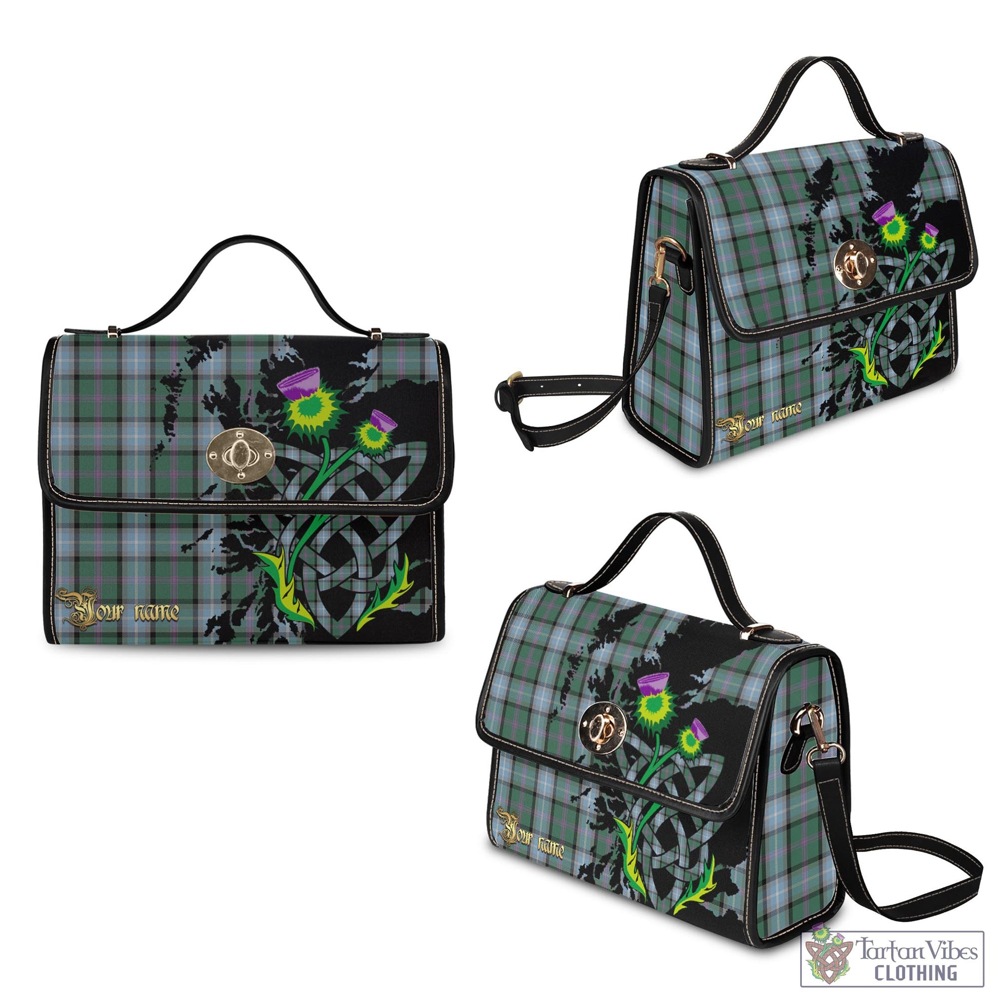 Tartan Vibes Clothing Alexander of Menstry Hunting Tartan Waterproof Canvas Bag with Scotland Map and Thistle Celtic Accents