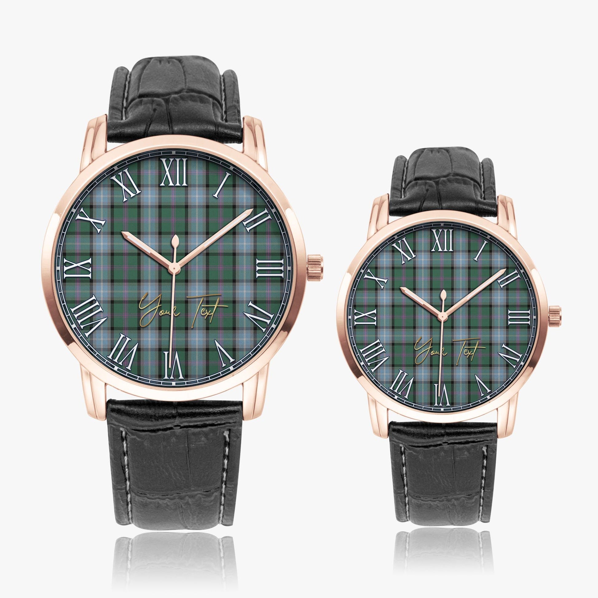 Alexander of Menstry Hunting Tartan Personalized Your Text Leather Trap Quartz Watch Wide Type Rose Gold Case With Black Leather Strap - Tartanvibesclothing