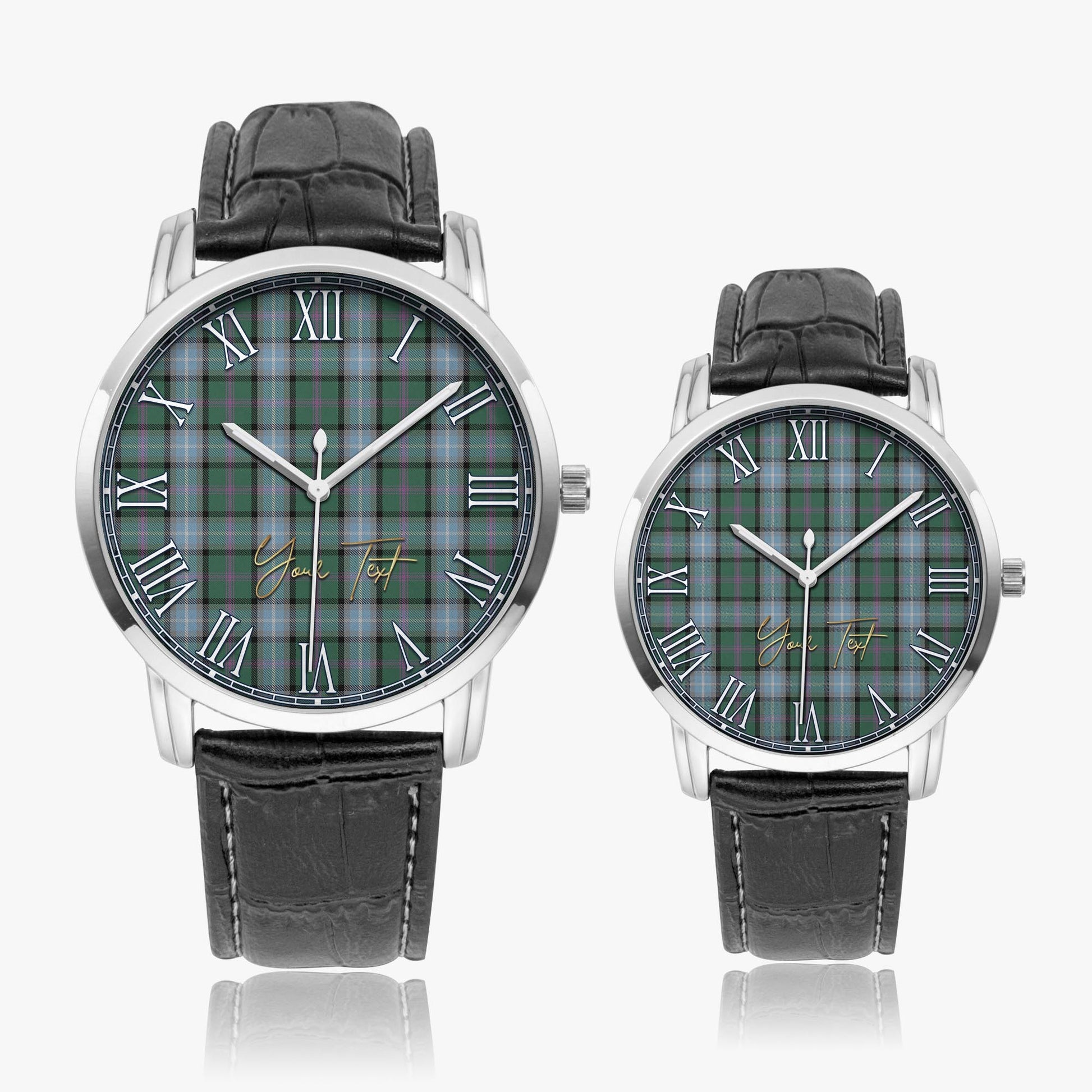 Alexander of Menstry Hunting Tartan Personalized Your Text Leather Trap Quartz Watch Wide Type Silver Case With Black Leather Strap - Tartanvibesclothing