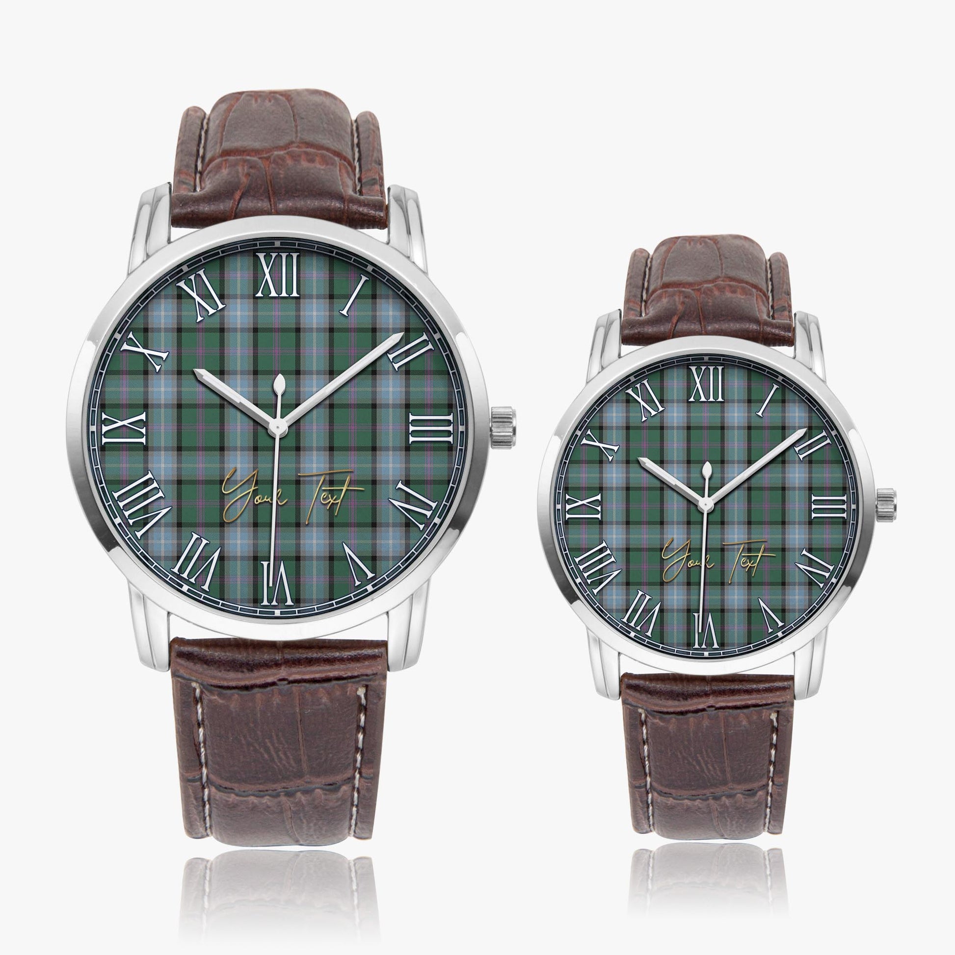 Alexander of Menstry Hunting Tartan Personalized Your Text Leather Trap Quartz Watch Wide Type Silver Case With Brown Leather Strap - Tartanvibesclothing
