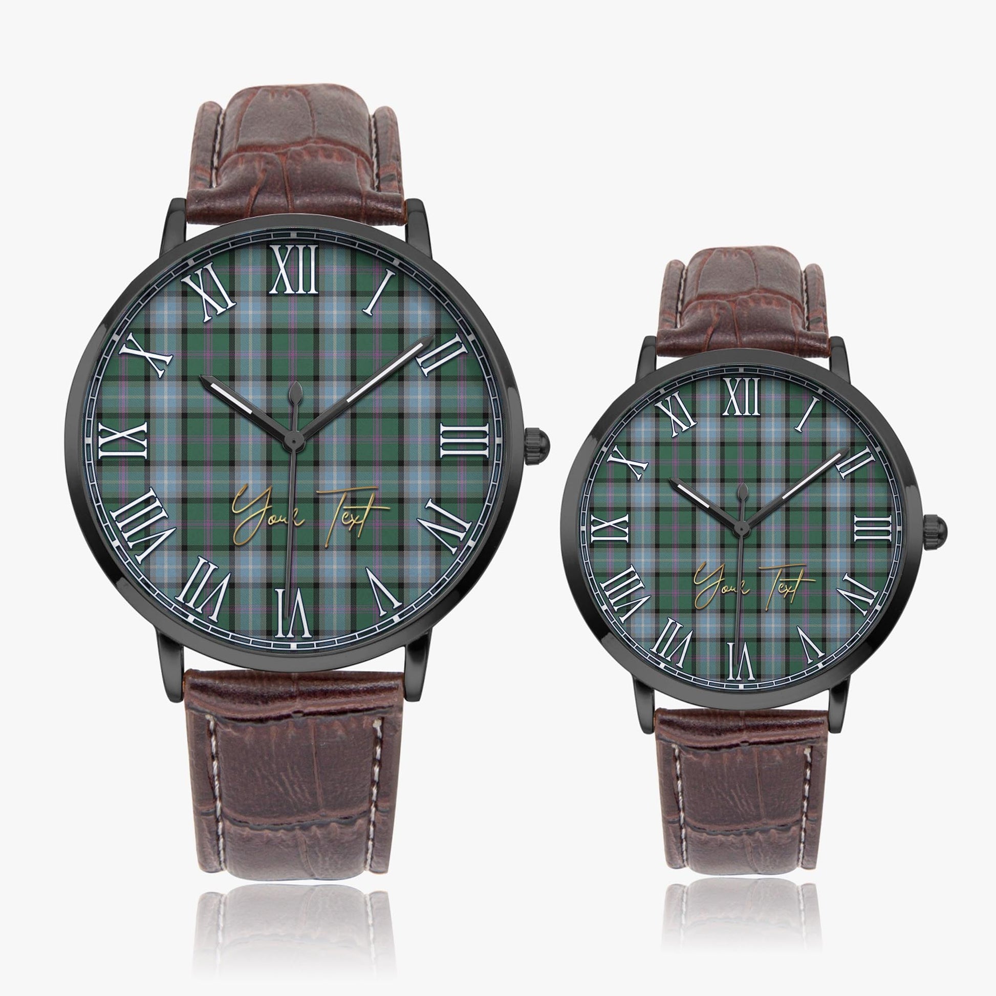 Alexander of Menstry Hunting Tartan Personalized Your Text Leather Trap Quartz Watch Ultra Thin Black Case With Brown Leather Strap - Tartanvibesclothing