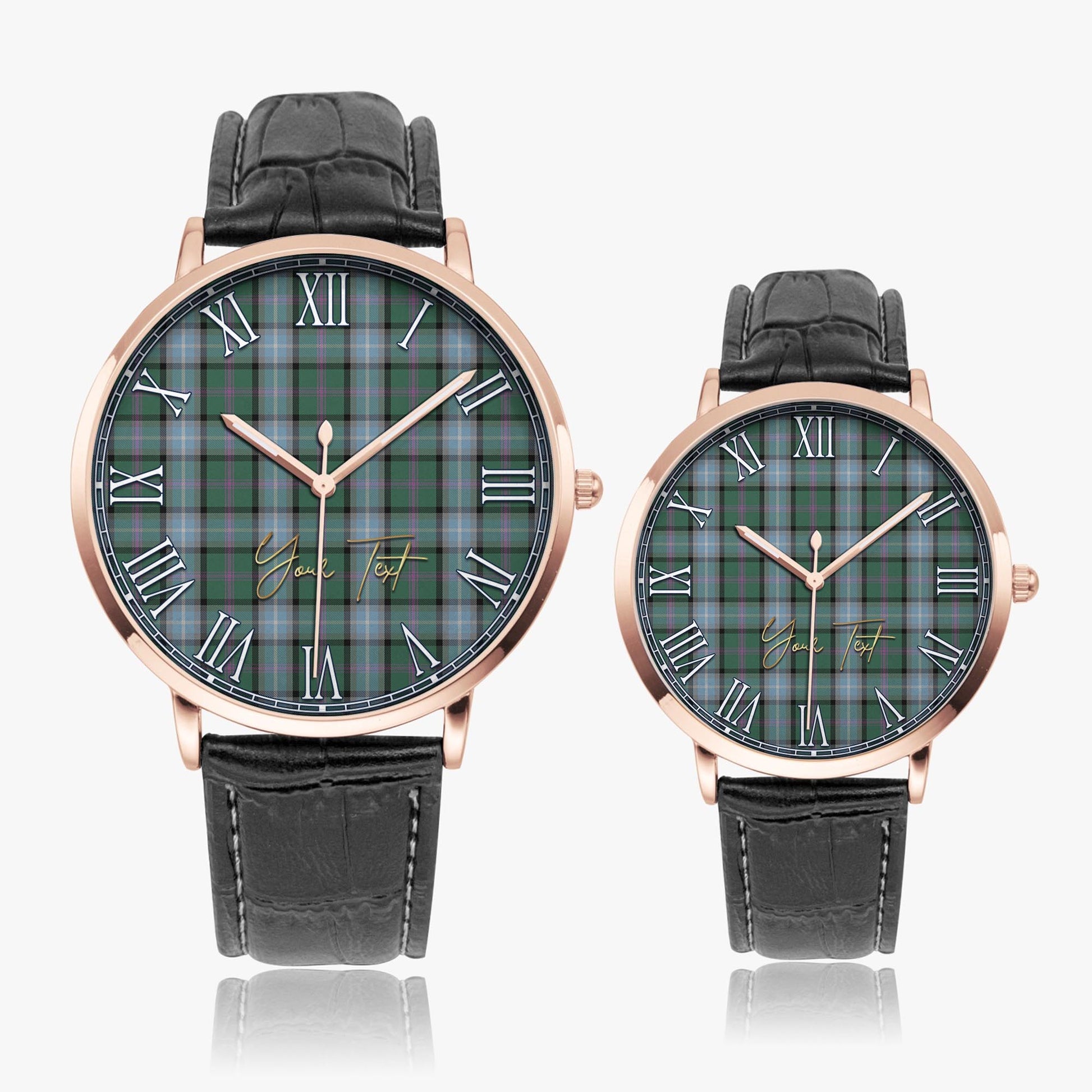 Alexander of Menstry Hunting Tartan Personalized Your Text Leather Trap Quartz Watch Ultra Thin Rose Gold Case With Black Leather Strap - Tartanvibesclothing