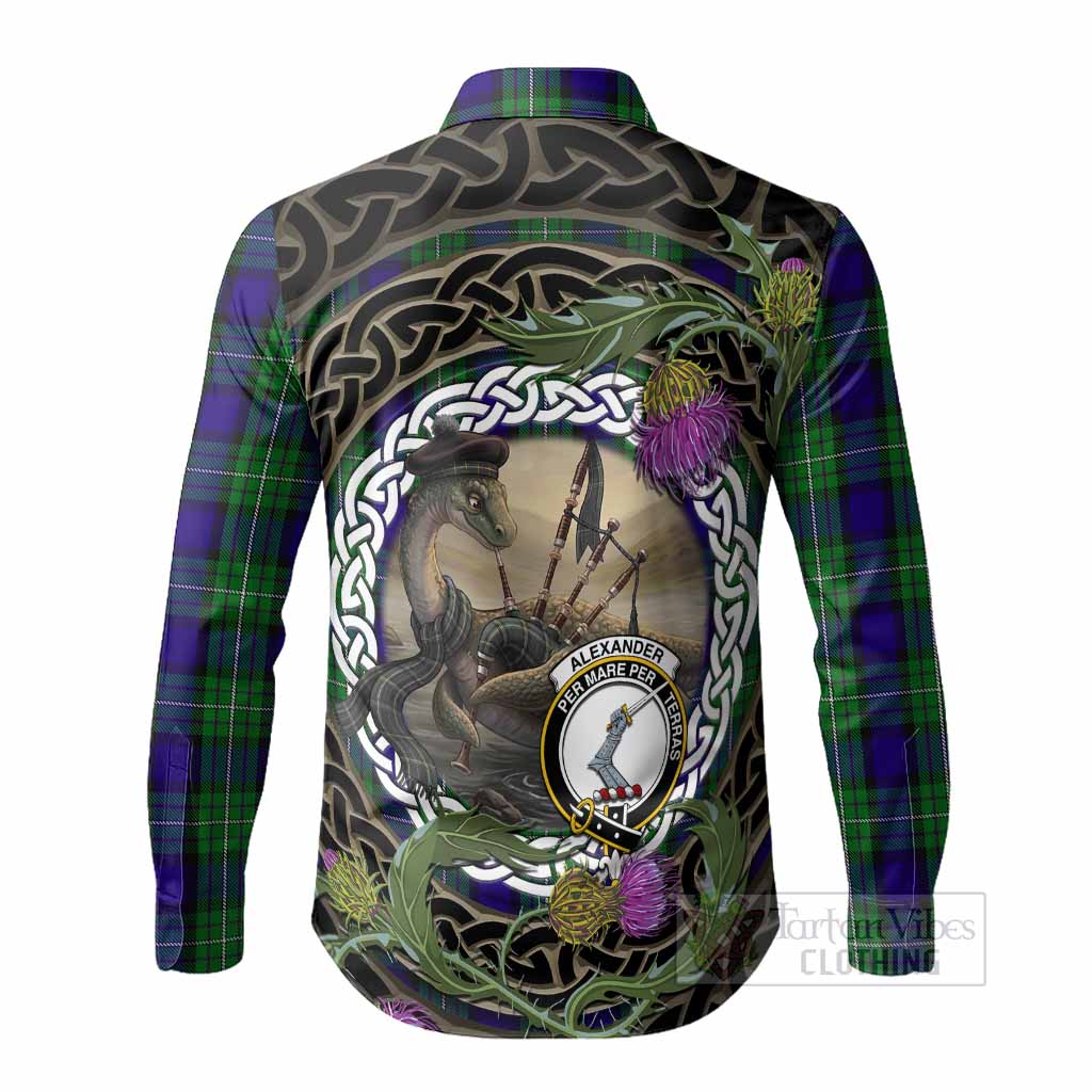 Alexander Tartan Crest Bagpipe Nessie Long Sleeve Button Shirts Scottish Loch Ness Monster Celtic Thistle