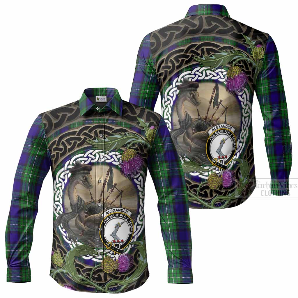 Alexander Tartan Crest Bagpipe Nessie Long Sleeve Button Shirts Scottish Loch Ness Monster Celtic Thistle