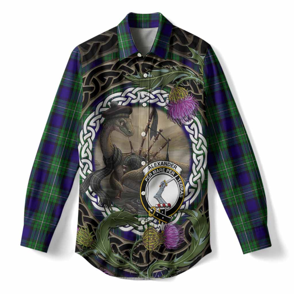 Alexander Tartan Crest Bagpipe Nessie Women Casual Shirt Scottish Loch Ness Monster Celtic Thistle