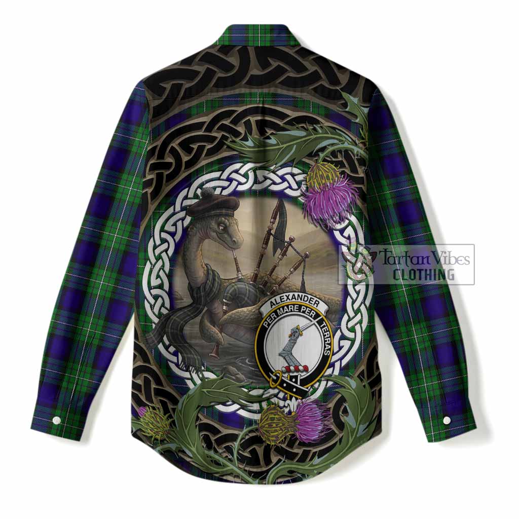 Alexander Tartan Crest Bagpipe Nessie Women Casual Shirt Scottish Loch Ness Monster Celtic Thistle