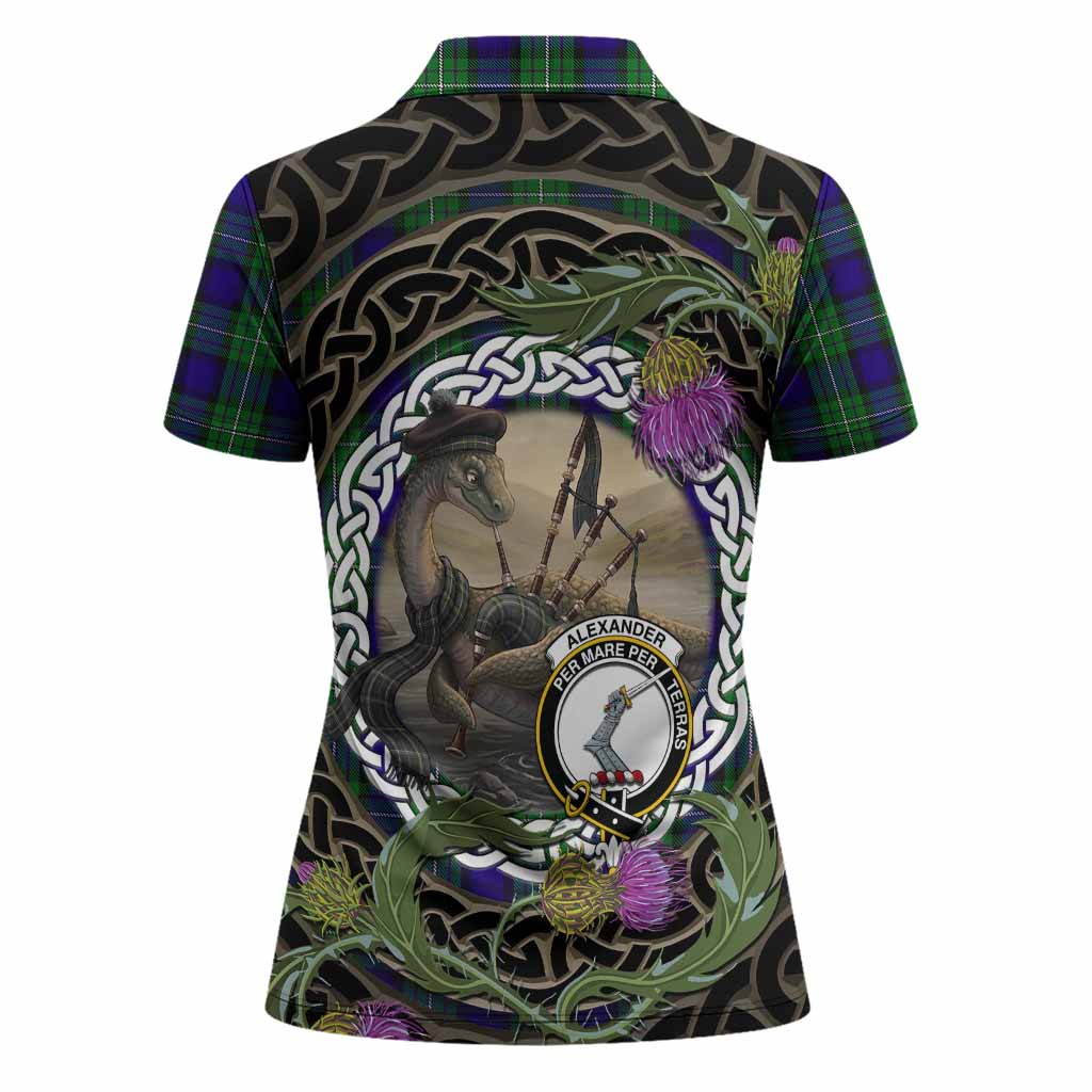 Alexander Tartan Crest Bagpipe Nessie Women Polo Shirt Scottish Loch Ness Monster Celtic Thistle