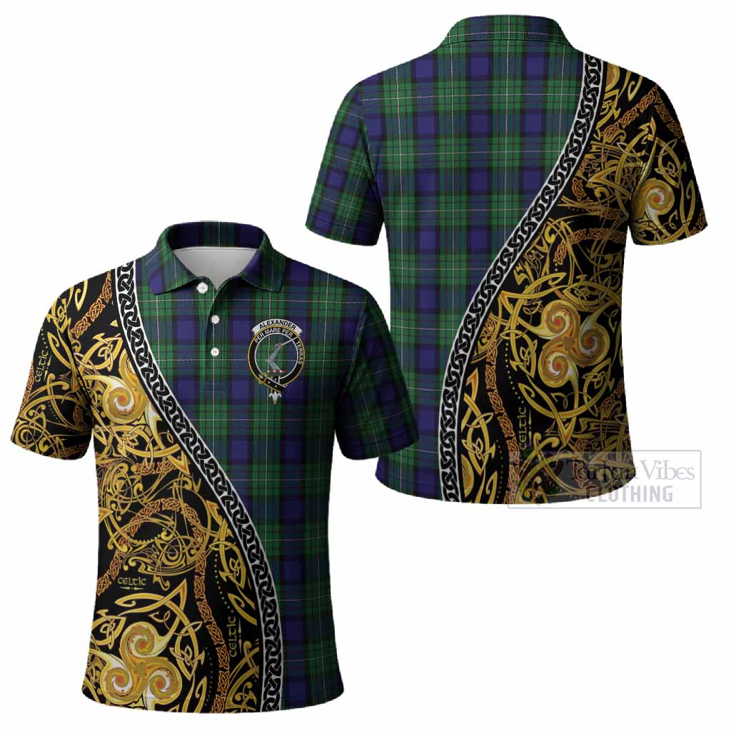 Alexander Tartan Crest Polo Shirt Celtic Knot and Triple Trickle Spiral Symbols