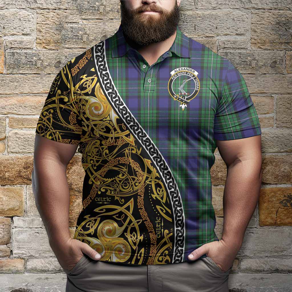 Alexander Tartan Crest Polo Shirt Celtic Knot and Triple Trickle Spiral Symbols