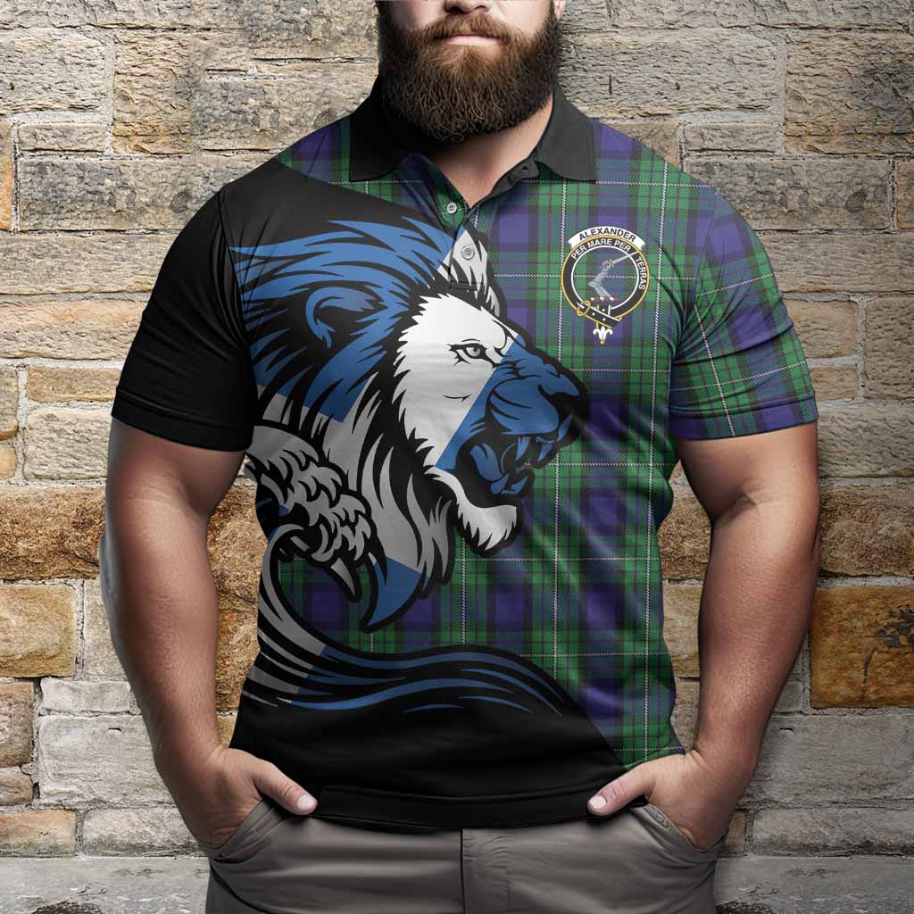 Alexander Tartan Crest Polo Shirt Scottish Golden Lions Wave Flow
