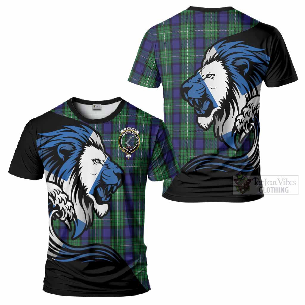 Alexander Tartan Crest T-Shirt Scottish Golden Lions Wave Flow