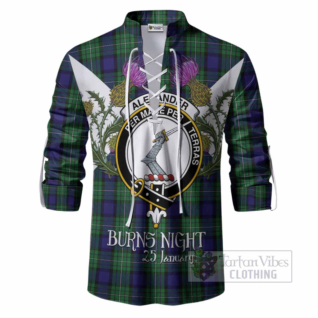 Alexander Tartan Family Crest Ghillie Shirt Scottish Burns Night Thistle Floral