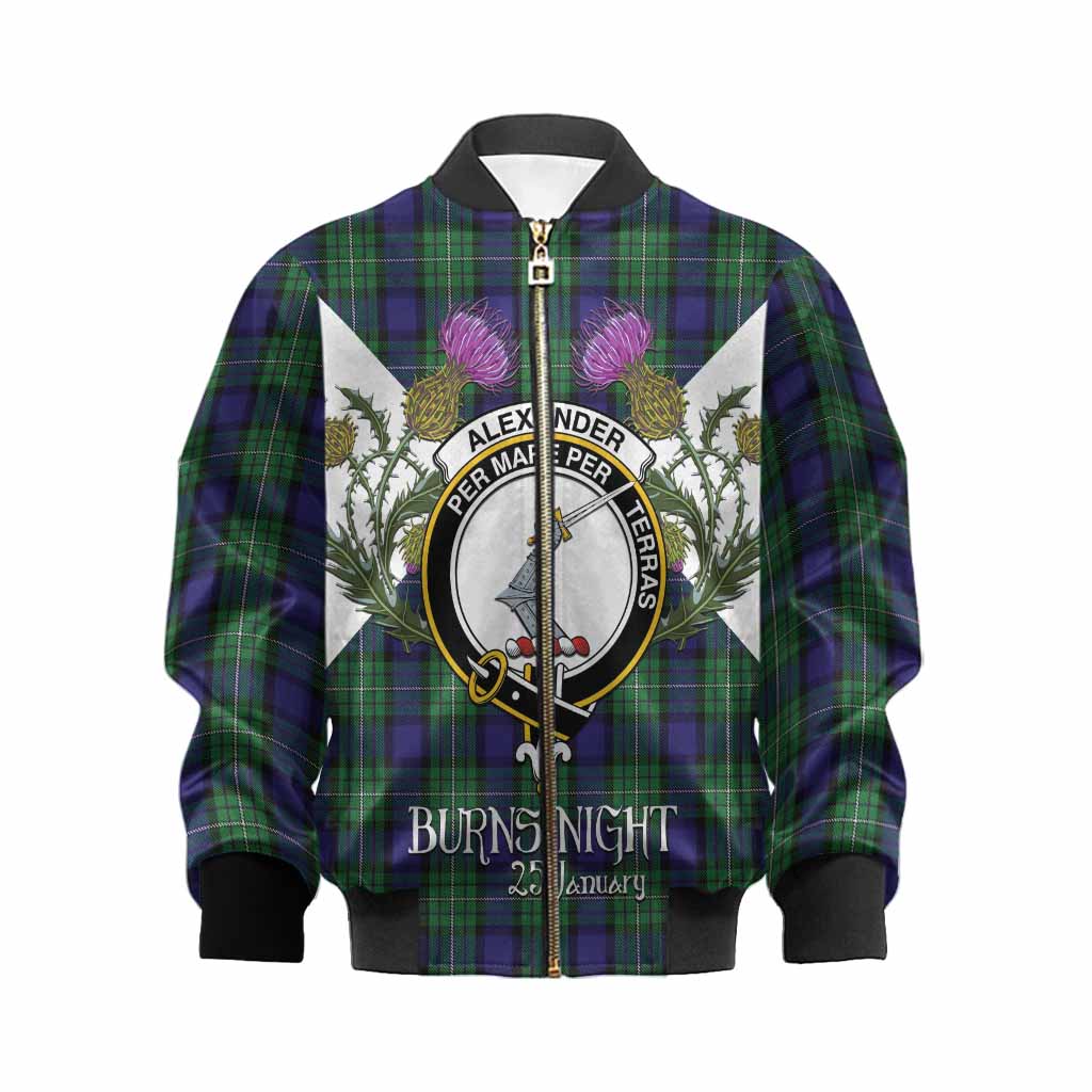 Alexander Tartan Family Crest Kid Bomber Jacket Scottish Burns Night Thistle Floral