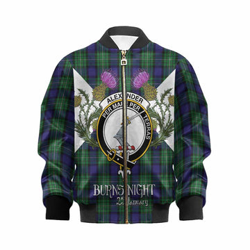 Alexander Tartan Family Crest Kid Bomber Jacket Scottish Burns Night Thistle Floral
