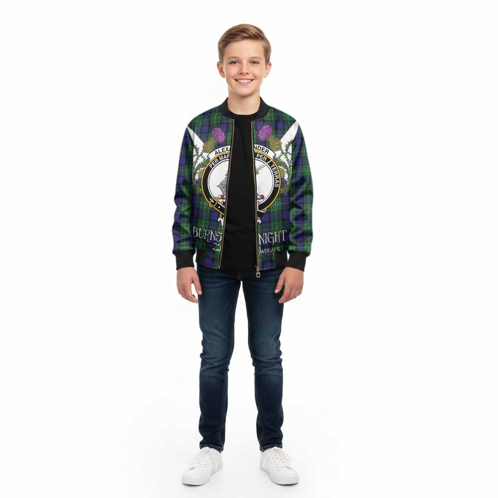Alexander Tartan Family Crest Kid Bomber Jacket Scottish Burns Night Thistle Floral