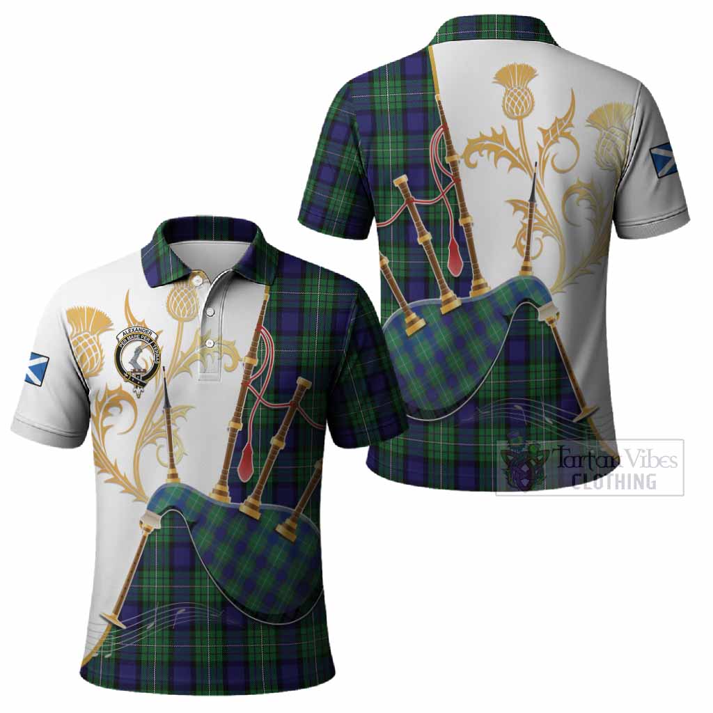 Alexander Tartan Family Crest Polo Shirt Bagpipes with Scottish Thistle