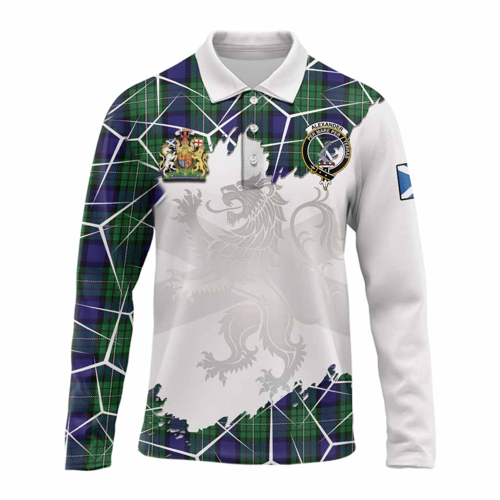 Alexander Tartan Long Sleeve Polo Shirt with Family Crest and Lion Rampant Grunge Style