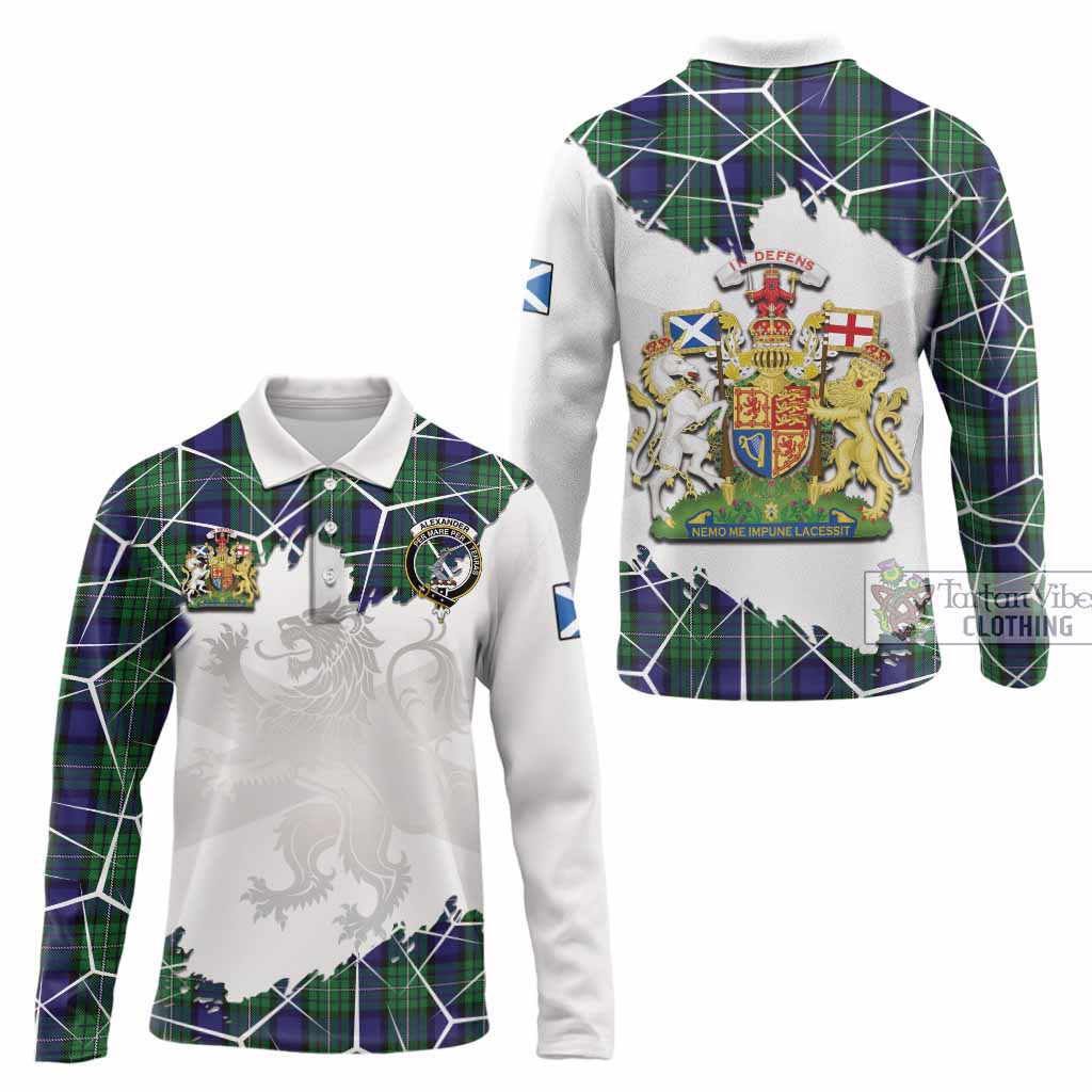 Alexander Tartan Long Sleeve Polo Shirt with Family Crest and Lion Rampant Grunge Style