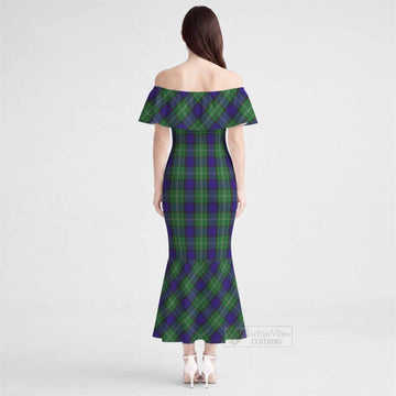 Alexander Tartan Off Shoulder Ruffle Mermaid Maxi Dress
