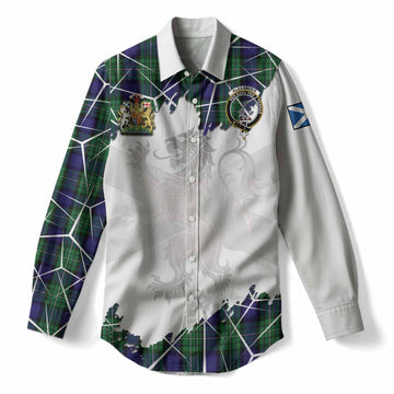 Alexander Tartan Women Casual Shirt with Family Crest and Lion Rampant Grunge Style