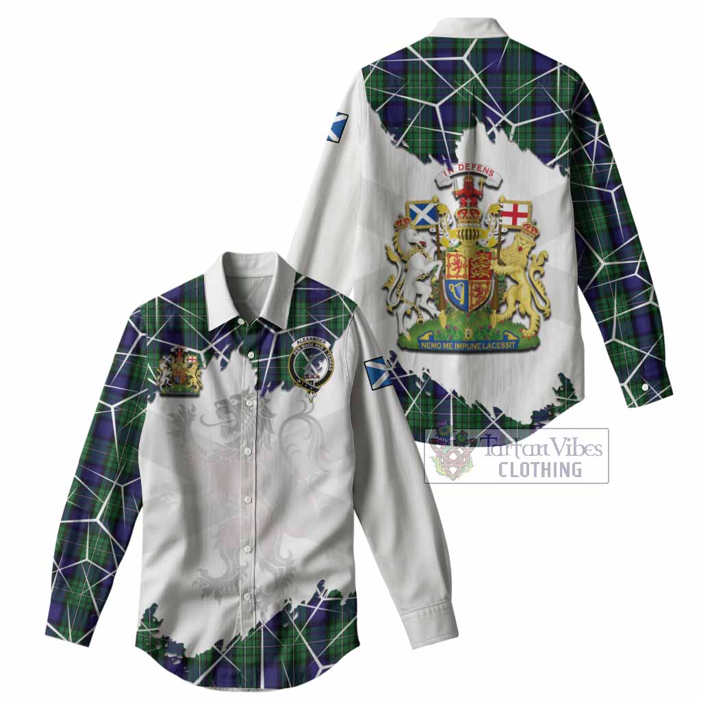 Alexander Tartan Women Casual Shirt with Family Crest and Lion Rampant Grunge Style
