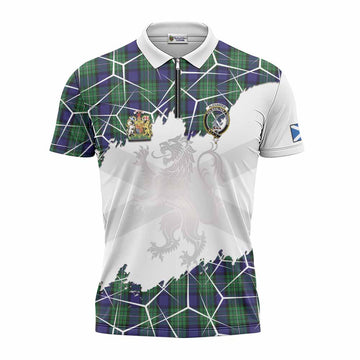 Alexander Tartan Zipper Polo Shirt with Family Crest and Lion Rampant Grunge Style