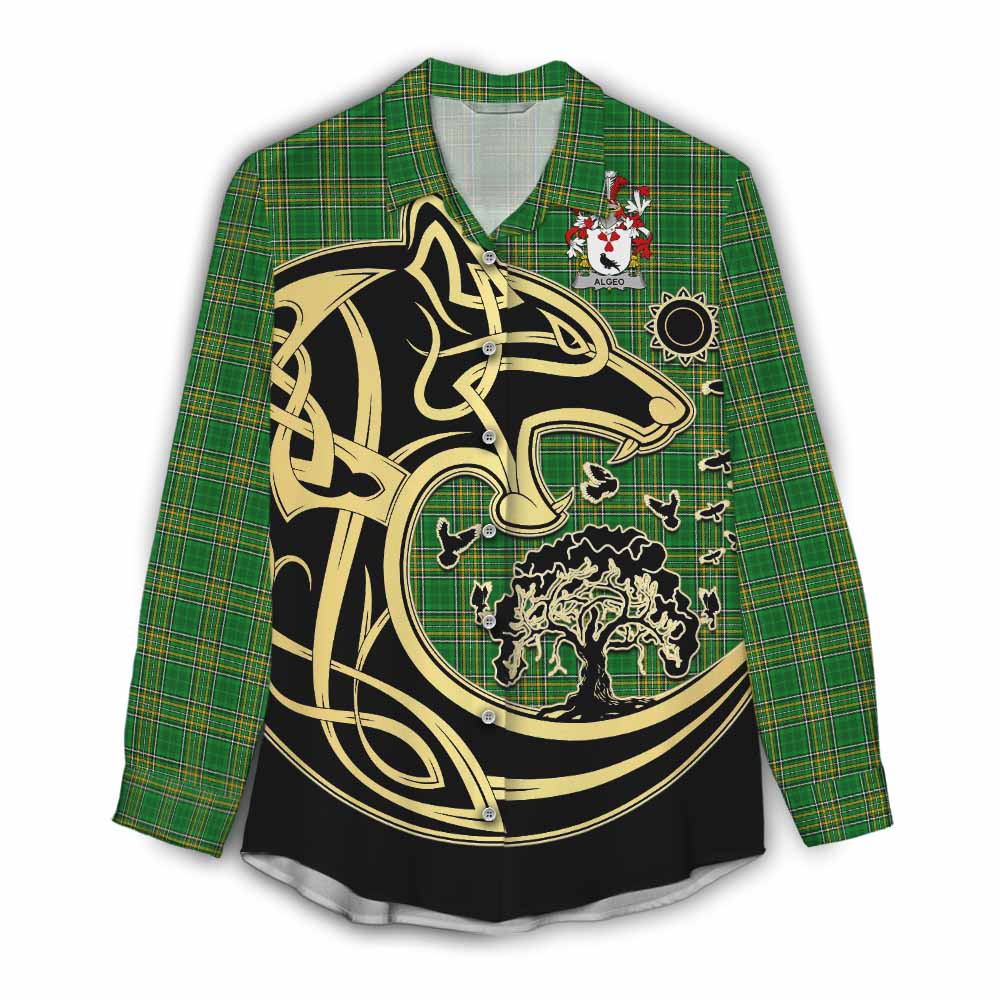 Tartan Vibes Clothing Algeo Irish Tartan Women's Casual Shirt with Coat of Arms Celtic Wolf Style