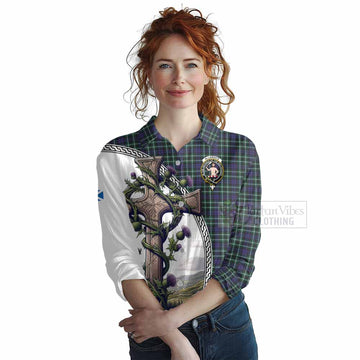 Allardice Tartan Women's Casual Shirt with Family Crest and St. Andrew's Cross Accented by Thistle Vines Female - Tartan Vibes Clothing