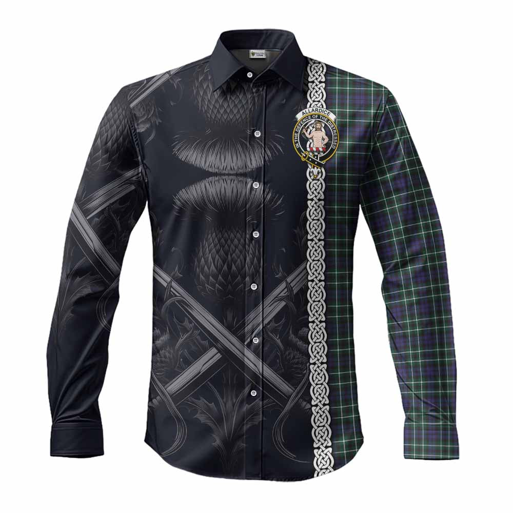 Tartan Vibes Clothing Allardice Tartan Long Sleeve Button Shirt with Family Crest Cross Sword Thistle Celtic Vibes