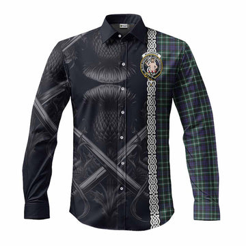 Tartan Vibes Clothing Allardice Tartan Long Sleeve Button Shirt with Family Crest Cross Sword Thistle Celtic Vibes
