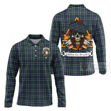 Allardice Tartan Long Sleeve Polo Shirt with Family Crest and Bearded Skull Holding Bottles of Whiskey Unisex - Tartan Vibes Clothing