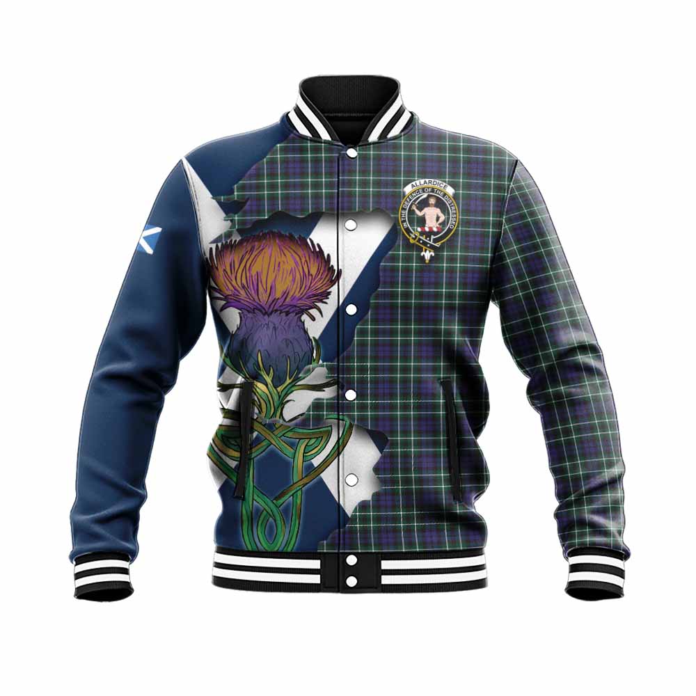 Tartan Vibes Clothing Allardice Tartan Family Crest Baseball Jacket Scottish Thistle Celtic Inspired
