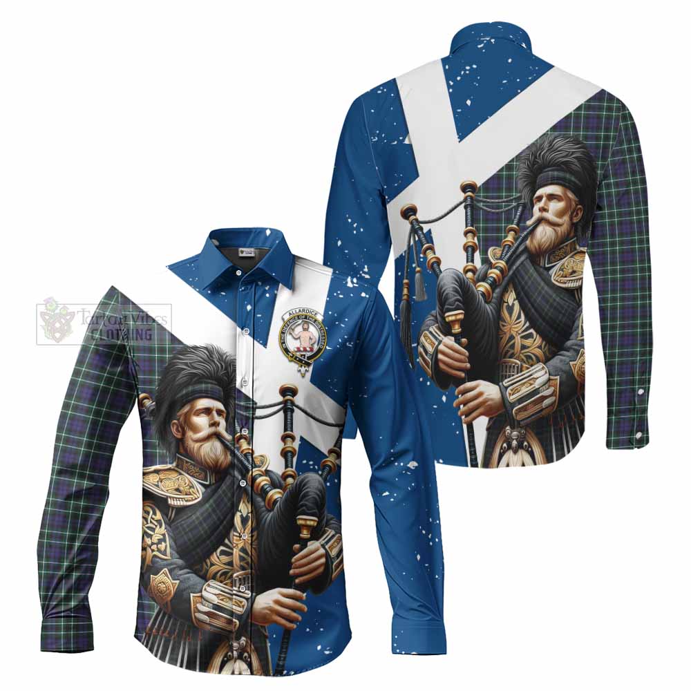 Allardice Tartan Long Sleeve Button Shirt with Family Crest Scottish Bagpiper Vibes Men's Shirt - Tartan Vibes Clothing