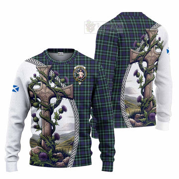 Allardice Tartan Knitted Sweater with Family Crest and St. Andrew's Cross Accented by Thistle Vines Unisex - Tartan Vibes Clothing