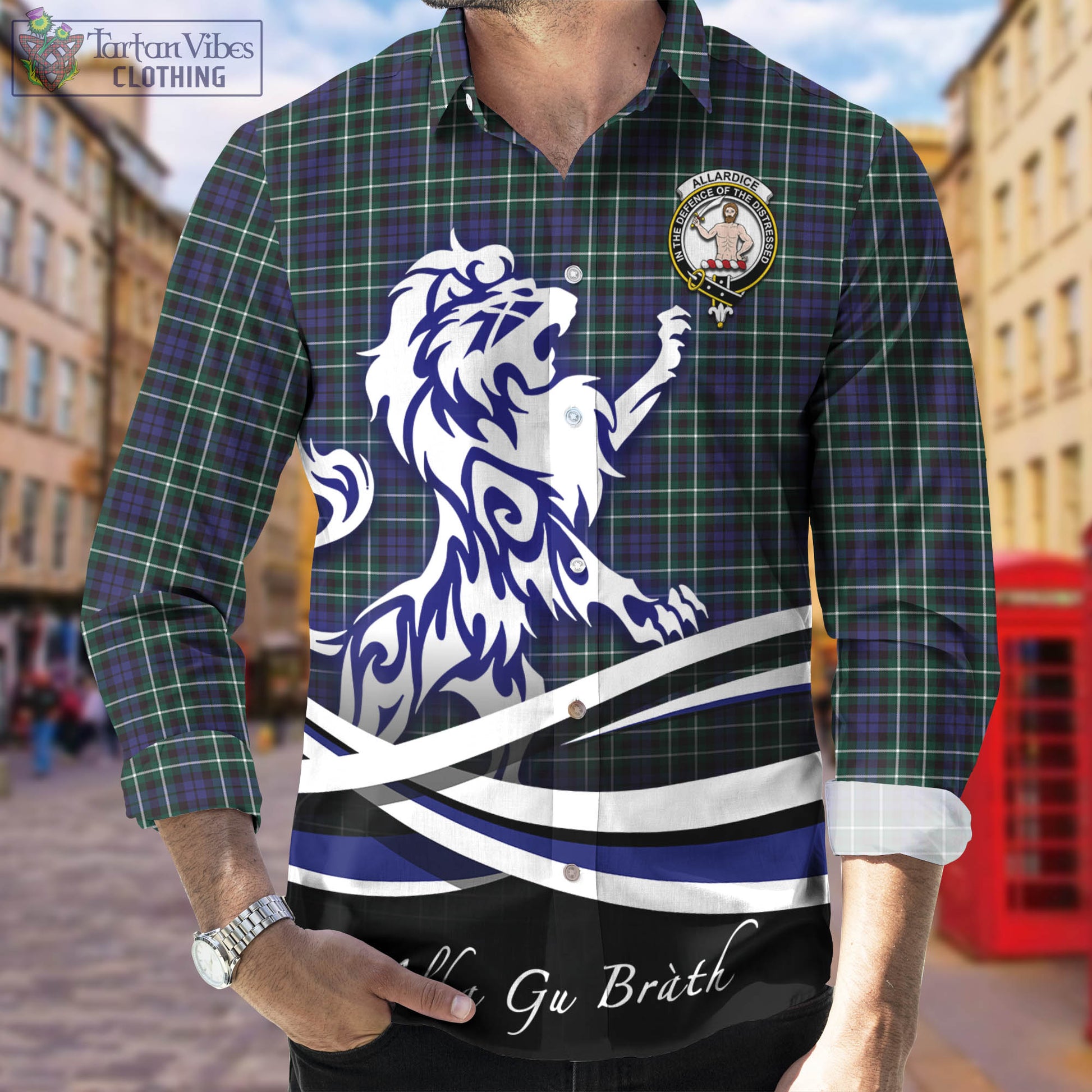 Allardice Tartan Long Sleeve Button Up Shirt with Alba Gu Brath Regal Lion Emblem Men's Shirt - Tartan Vibes Clothing